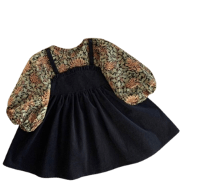 Black Apron Style Dress with Floral Puff-Sleeve Top