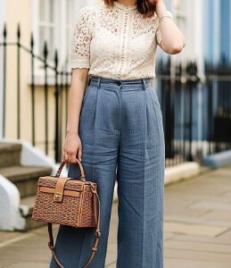 Elegant Lace Top & High-Waist Wide Leg Trousers – Western Chic Outfit