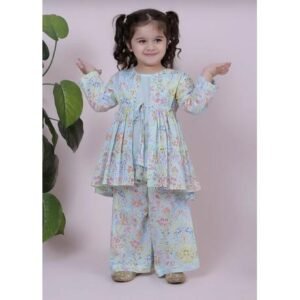 Blue Floral Kurti & Striped Pant Set for Girls