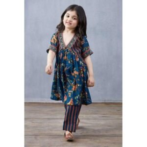 Blue Floral Printed Kurti & Striped Pant Set for Girls