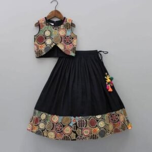 Black Embroidered Lehenga & Crop Top Set for Girls