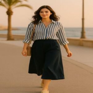 Elegant Striped Shirt & Navy Culottes – Women’s Western Wear